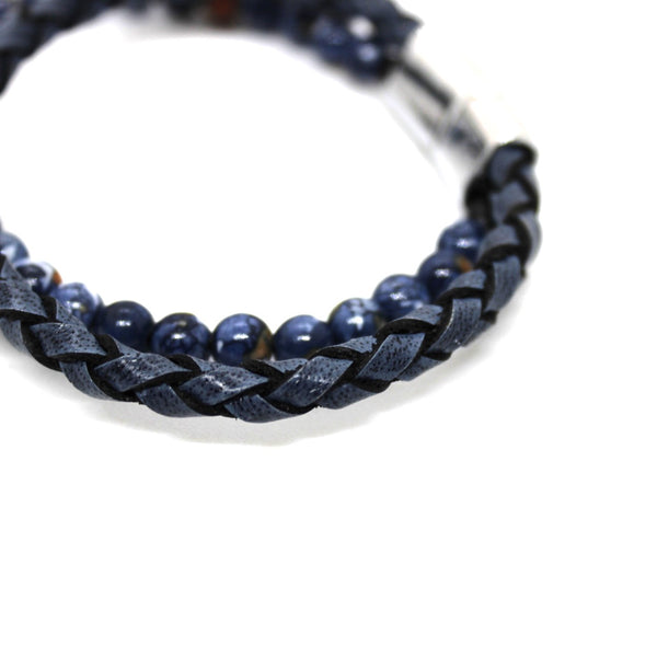 Blue Beads & Leather Bracelet