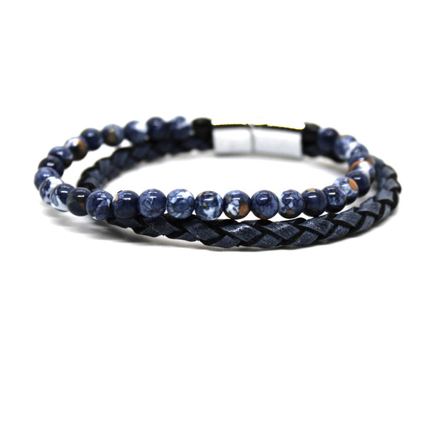 Blue Beads & Leather Bracelet